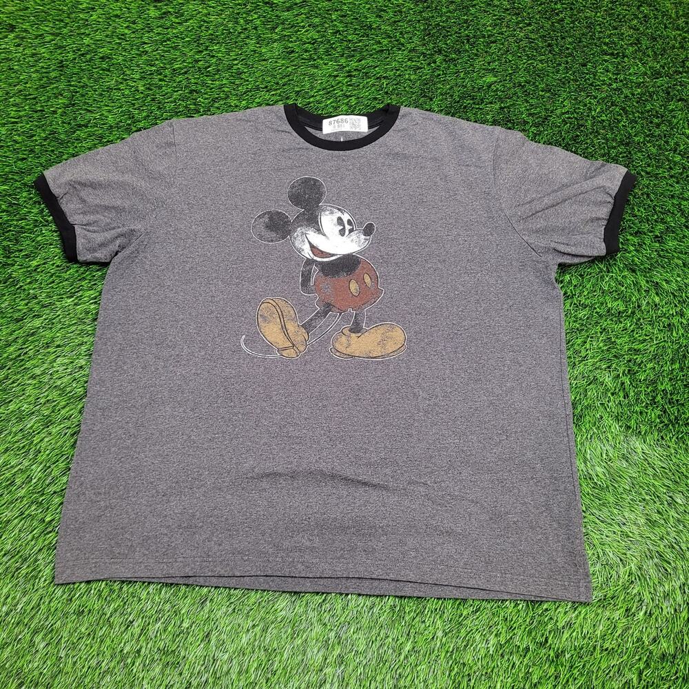 Disney Mickey-Mouse Ringer Shirt 2XL 27x29 Baggy Oversized Gray